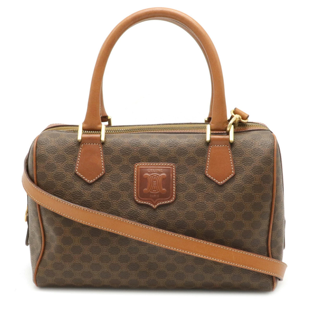 Celine Macadam Handbag Boston Bag Shoulder Leather Brown Dark